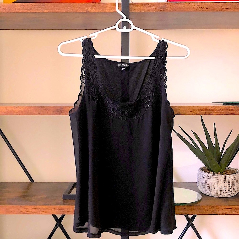 Express black tank top with sequined neckline & lined with built-in cami